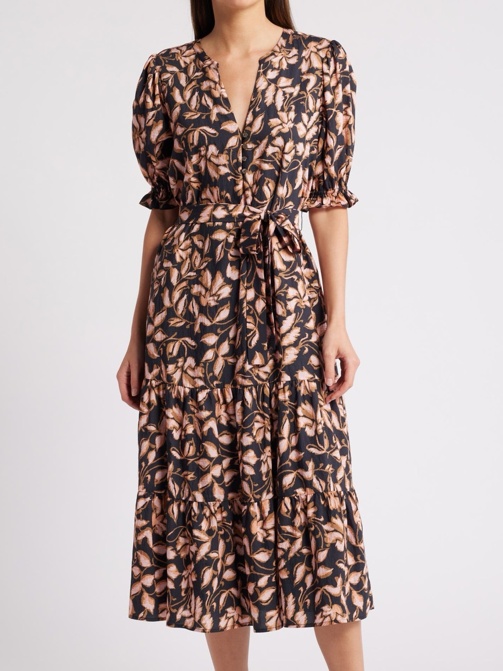 Rails Eliana Jasmine Black and Blush Leaf-Print Belted Midi Dress